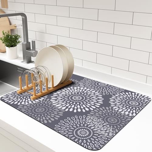 Dish Drying Mat Super Absorbent Kitchen Counter Mat Rubber 15″ x 18″ Gray
