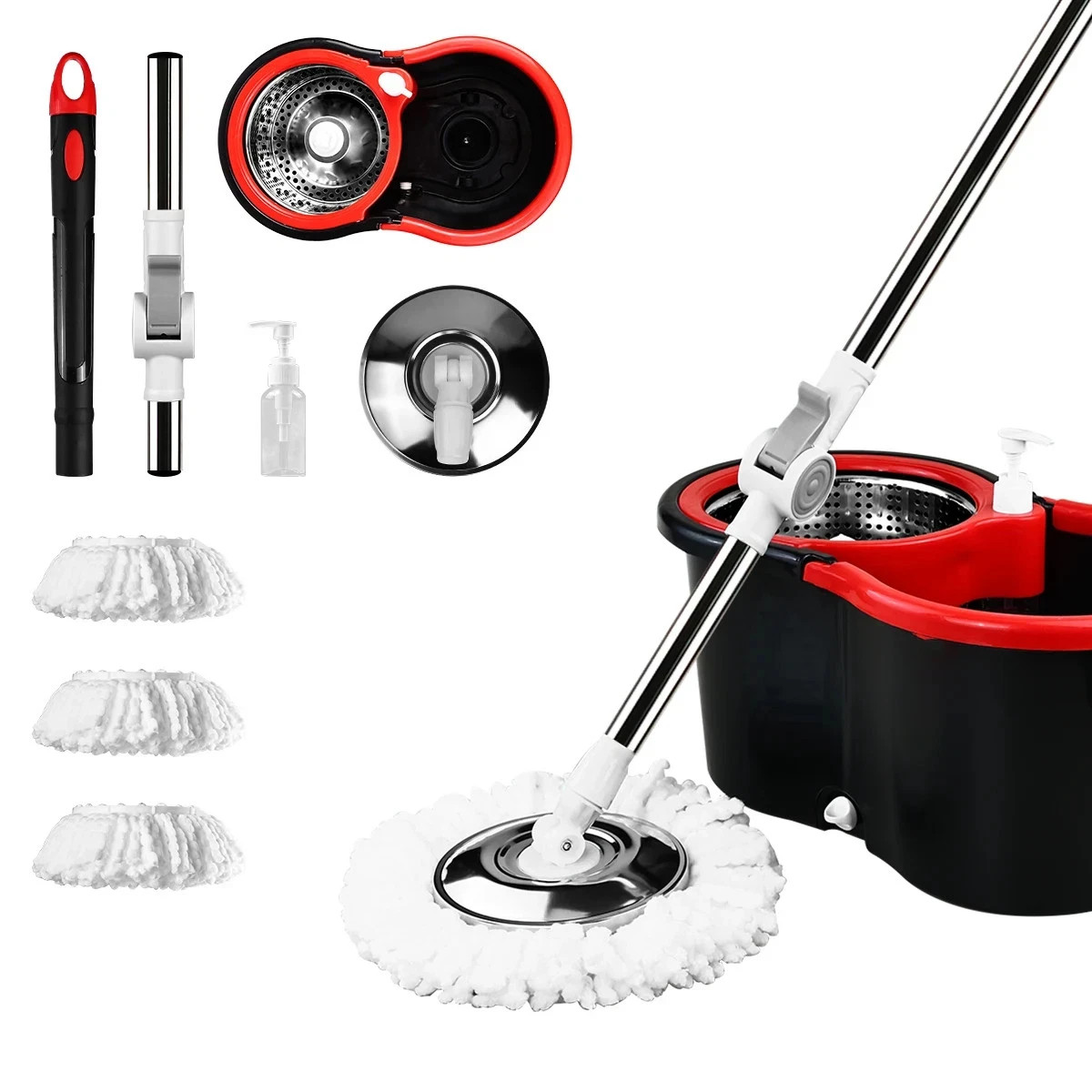 Mop Bucket Set 360° Dual-Motion Spin Mop System 3 Split-Yarn Mop Heads