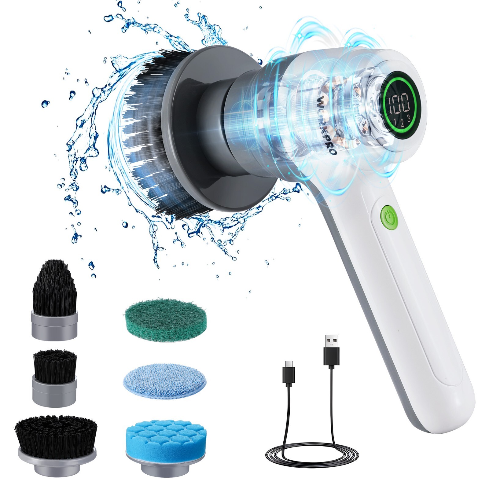 WORKPRO 8V Electric Spin Scrubber, 3-Speed Adjustable Shower Scrubber