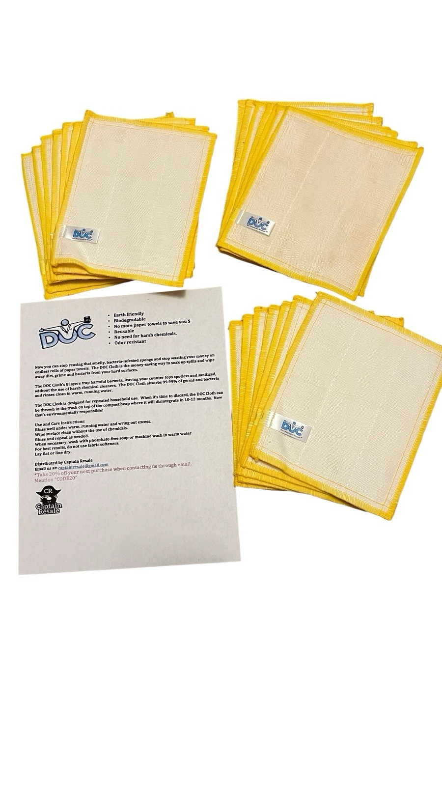 Lot of 21 DOC Anti Bacterial Yellow Reusable Cleaning Cloths 6”x7” FREE SHIP