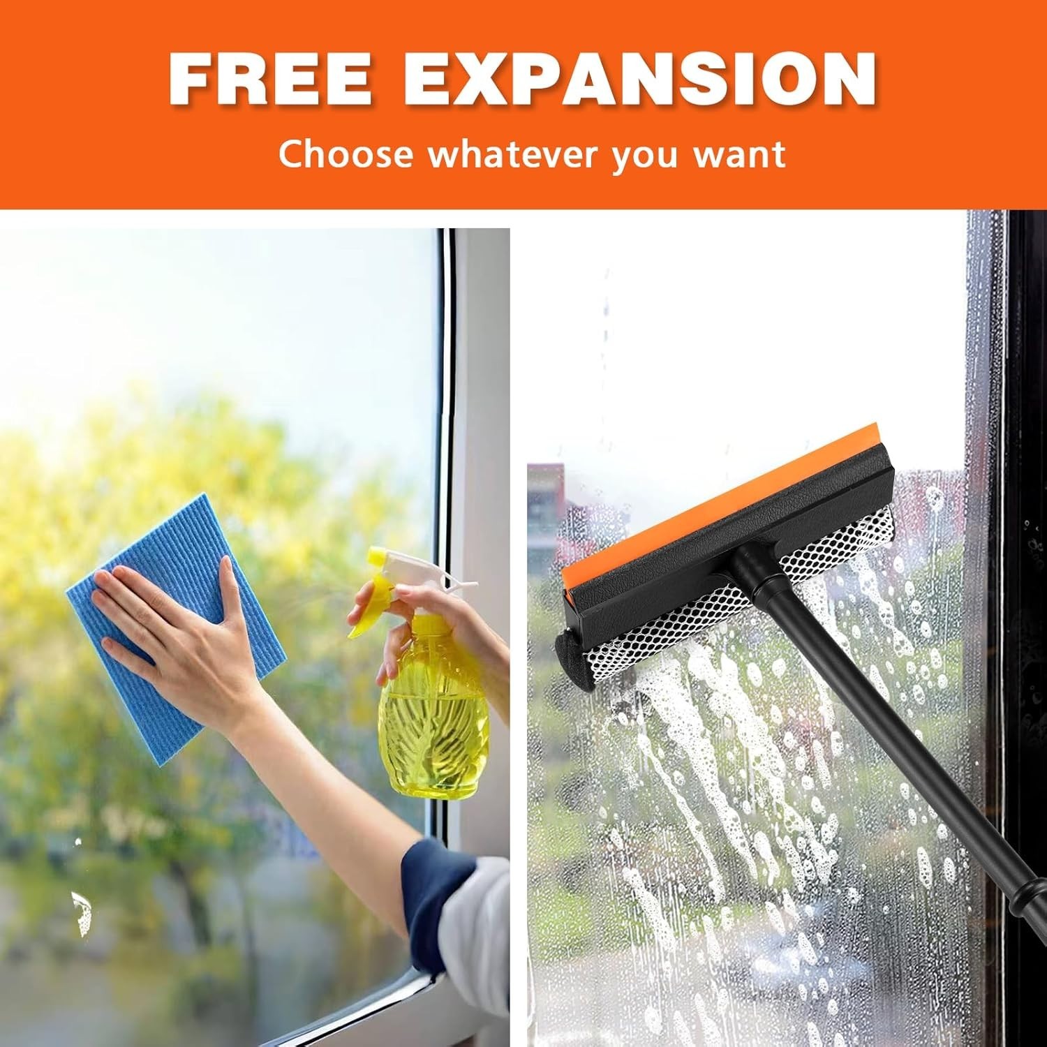 2 in1 Window Squeegee for Car Window Cleaner with 16inch Long Handle Black