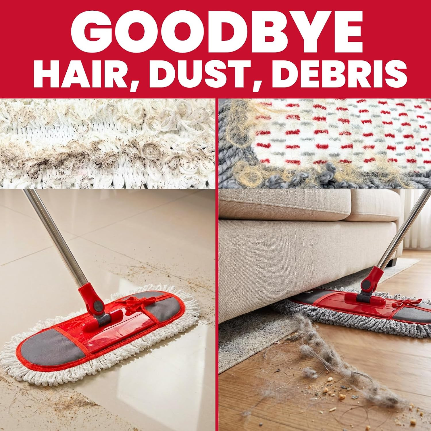 Dust Mop for Floor Cleaning with 3 Washable Pads, 14.4” × 5.1” Flat Mop Head, 62