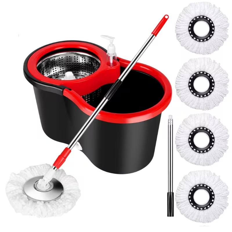 360° Spin Mop and Bucket with Wringer Set Spinning Mop System 4 Mop Refill