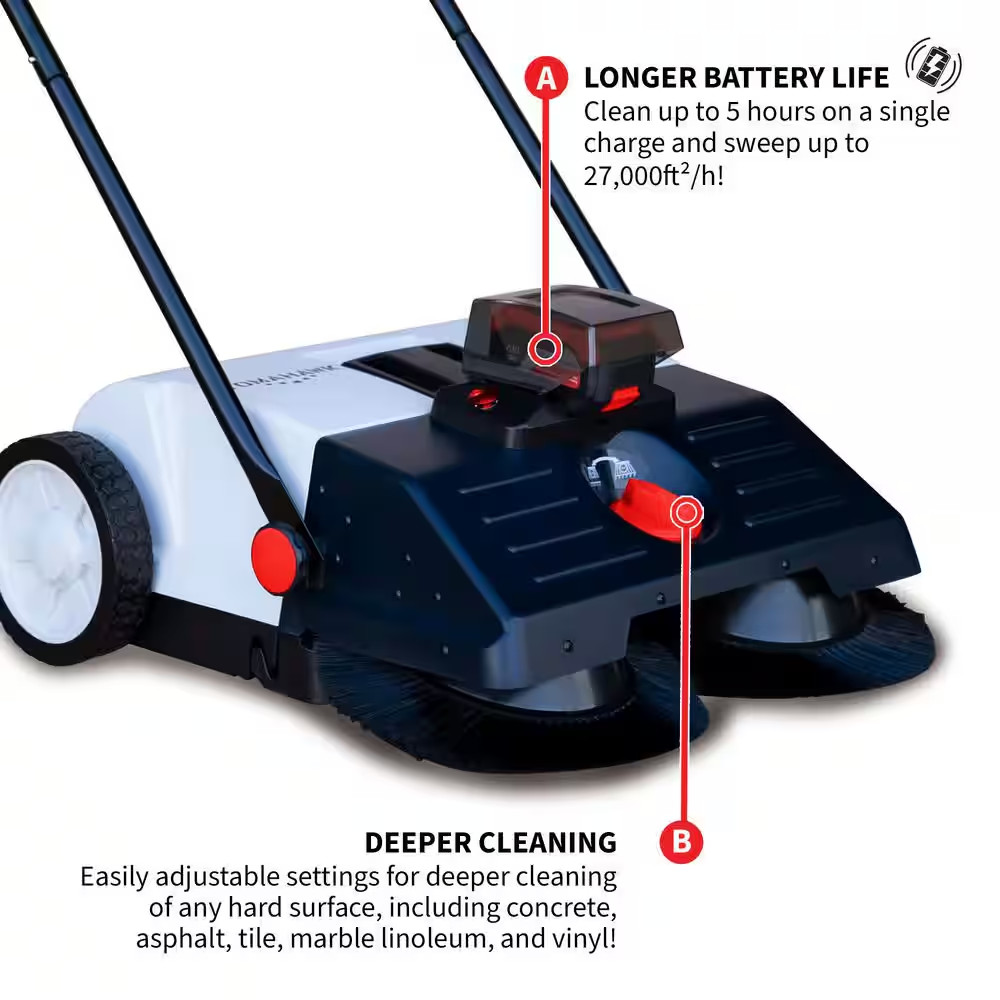22 In. W Battery Powered Electric Floor Sweeper with Double Brush System, 18V Li