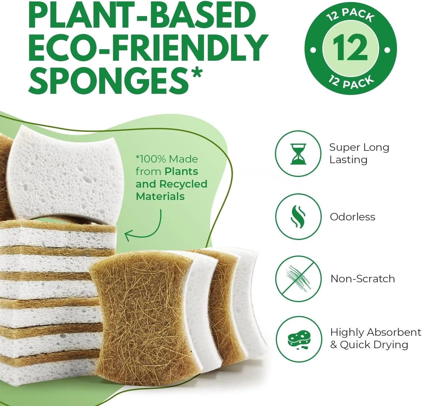AIRNEX Natural Kitchen Sponges (12 Pack) – Biodegradable Cellulose & Coconut Scr