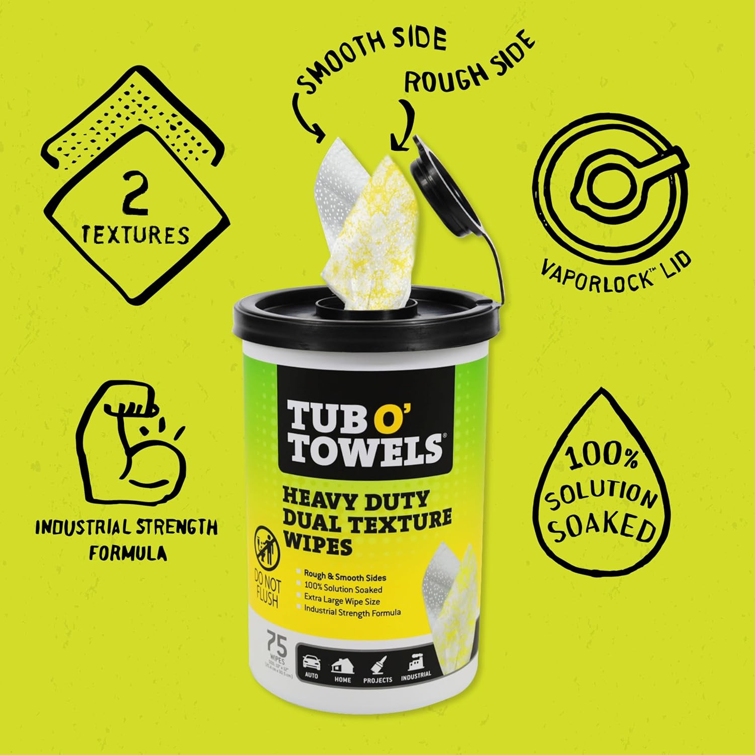 Tub O’ Towels TW75 Heavy-Duty 10″ X 12″ Size Multi-Surface Cleaning Wipes, Dual