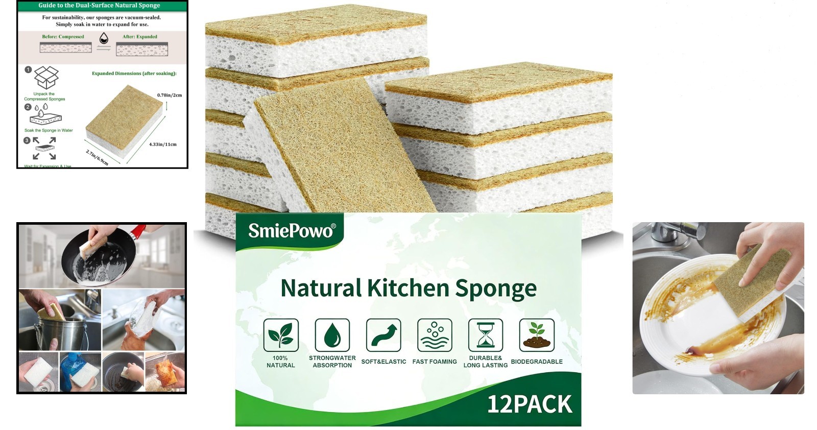 Natural Compostable Kitchen Sponge 12 Pack Cellulose & Coconut Fiber Eco-Frie…