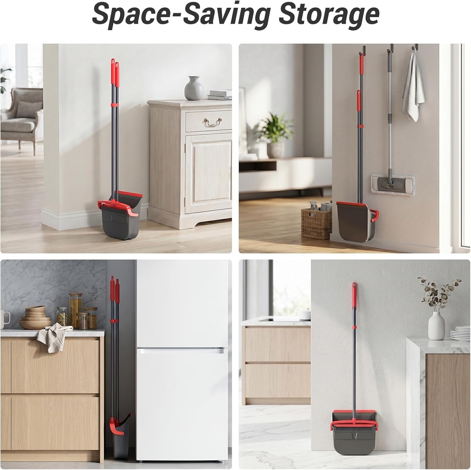 Broom with Dustpan Combo Set, Long Handle Upright Standing Self-Cleaning Broo…