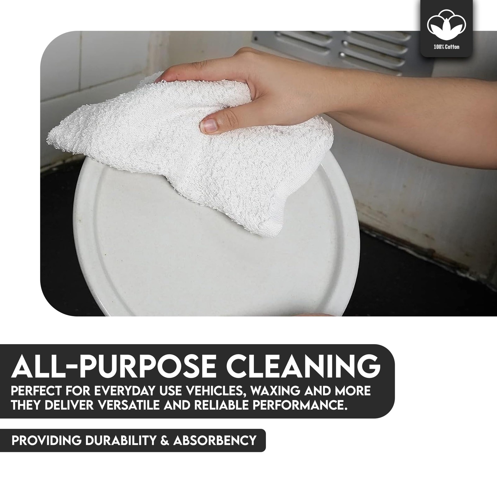 Terry Bar Mop Towels – 60 Pack (14″x17″) White Cotton Terry Cloths, Super Abs…