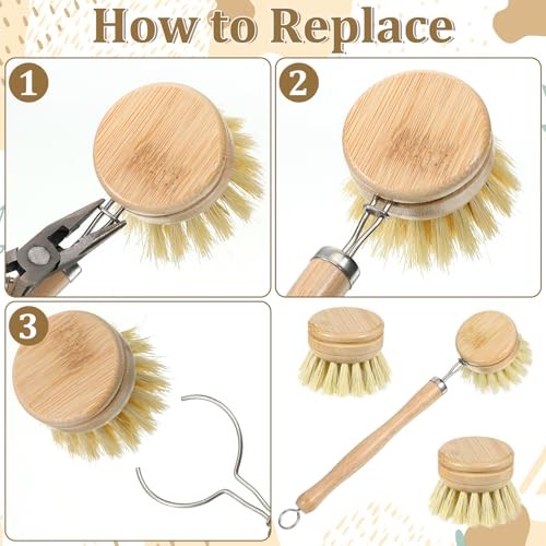8 Pcs Bamboo Dish Brush with Handle, Natural Sisal Bristle Scrubber Includes 7