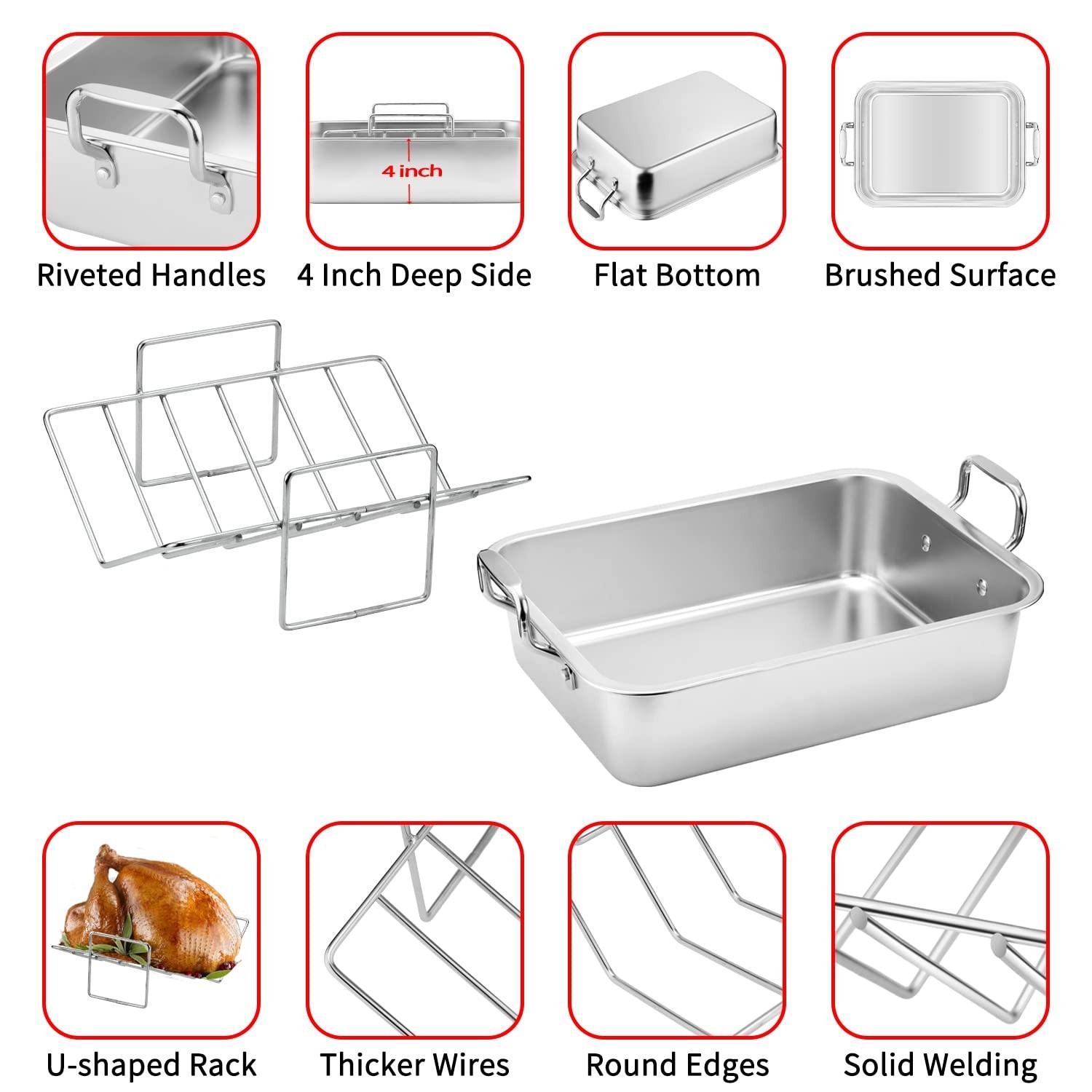 15 Inch Stainless Steel Roasting Pan with V-Shaped Rack and Turkey Baster – R…