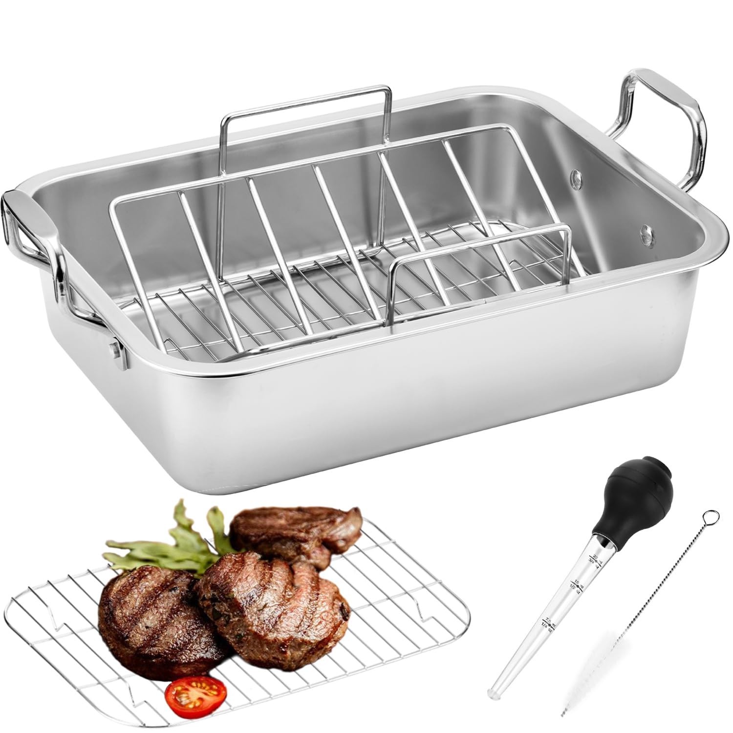 15 Inch Stainless Steel Roasting Pan with V-Shaped Rack and Turkey Baster – R…
