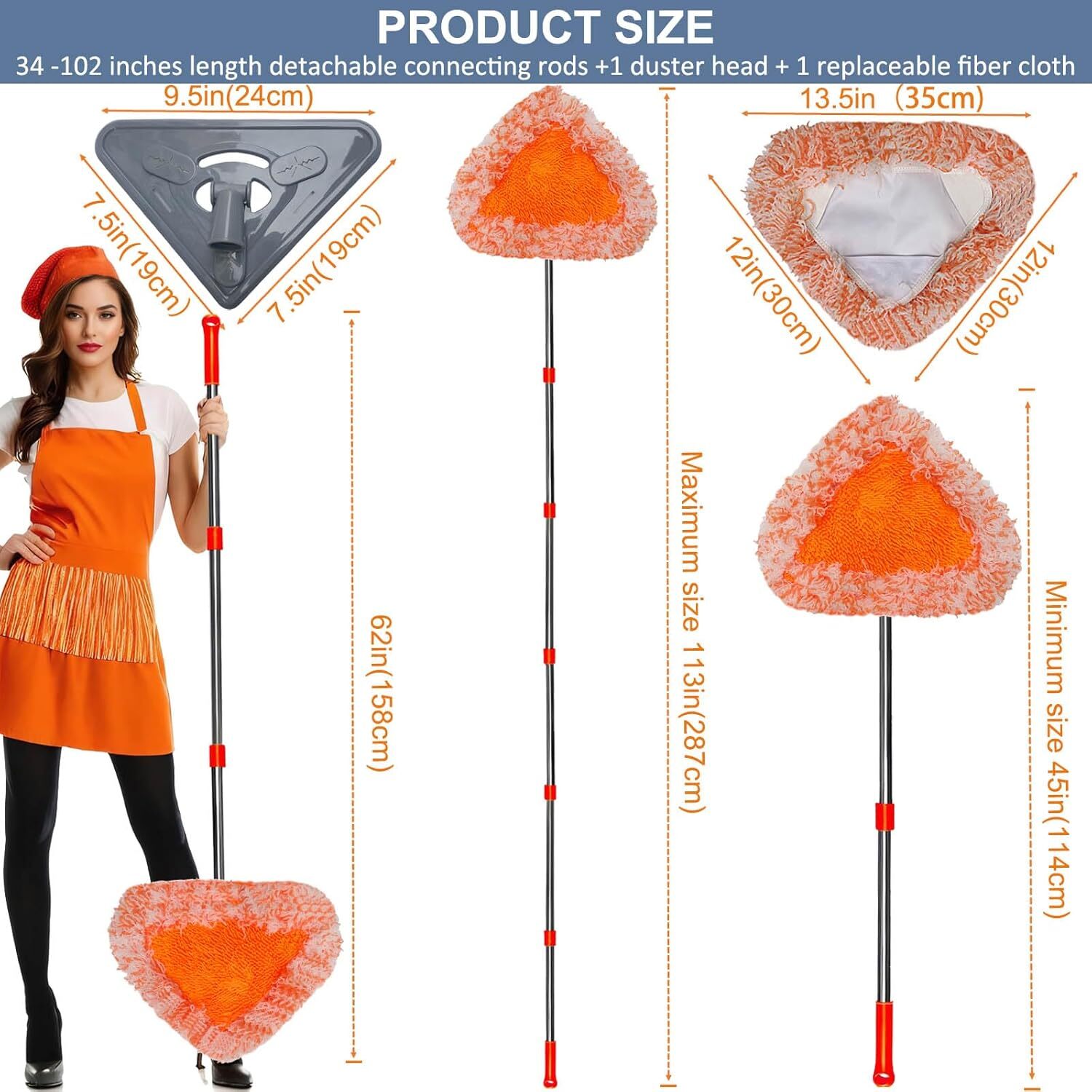 Upgraded 2-in-1 Wall Cleaner Mop with 100 Inches Extension Pole Ploe, Orange