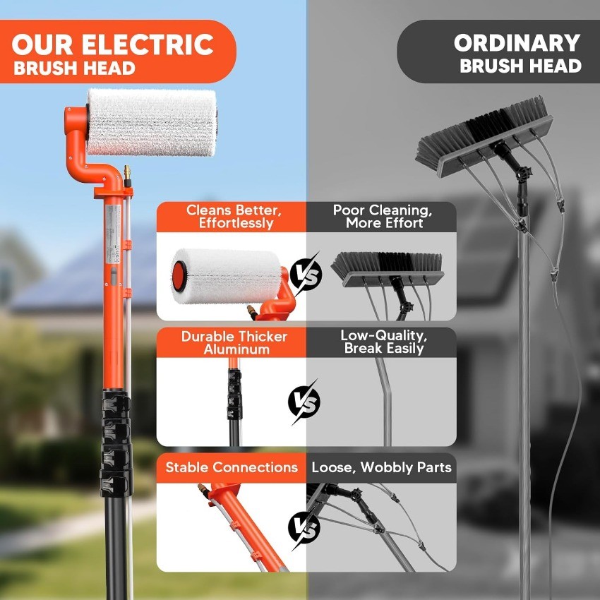 Electric Solar Panel Cleaning Brush: 20FT Adjustable Water Fed Pole Solar Kit