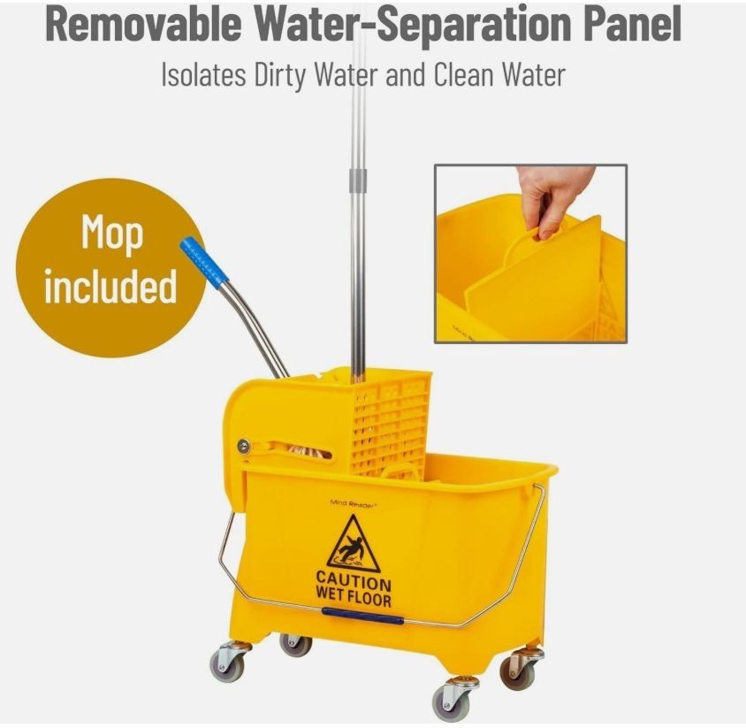 Mind Reader Bucket With Wringer And Mop Set, 22 Qt, Yellow New in Box 5.5 Gal