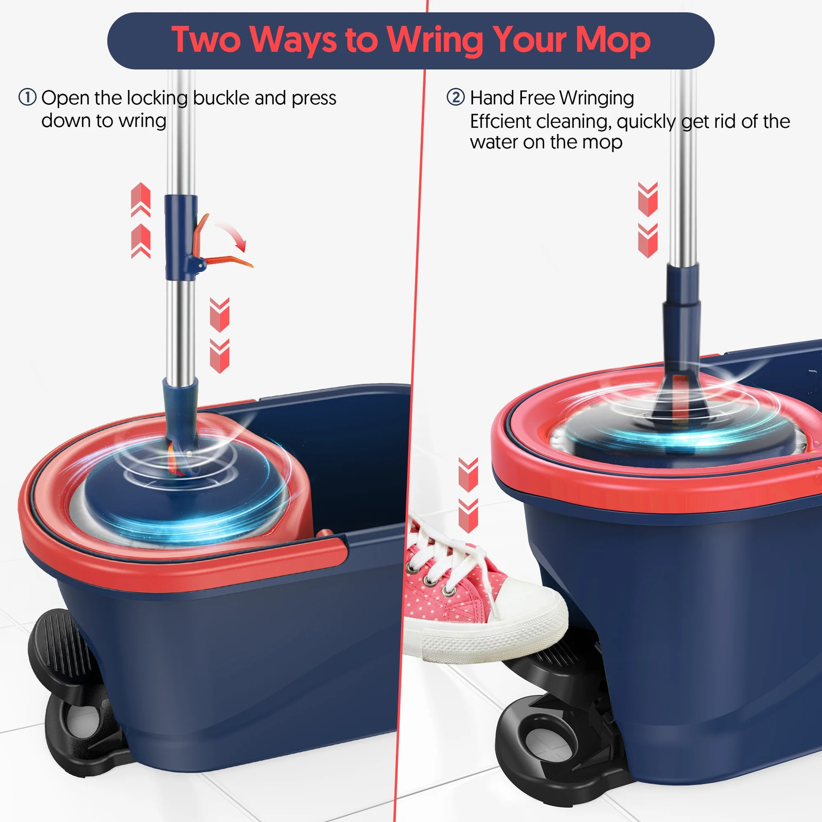 Spin Mop Bucket with Foot Pedal Wringer System Set Floors Cleaning No Mess
