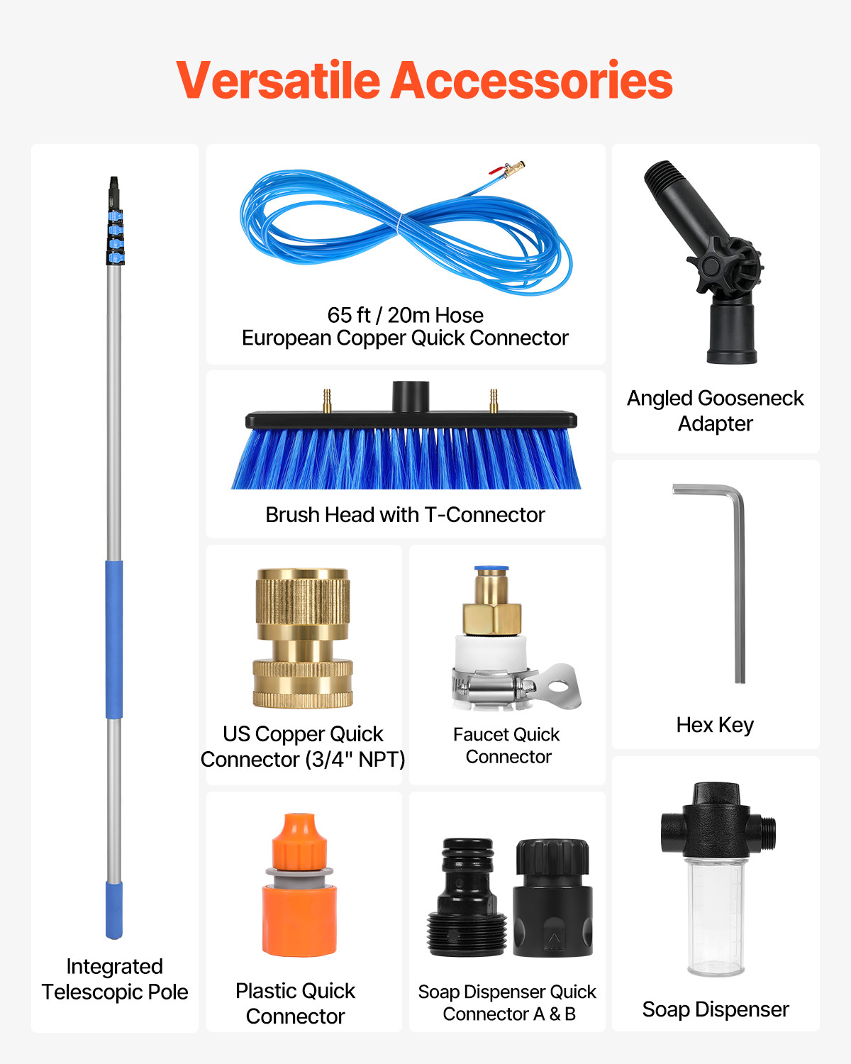 Water Fed Pole Kit 30FT Solar Panel Cleaning Pole 180° Rotatable Brush Head