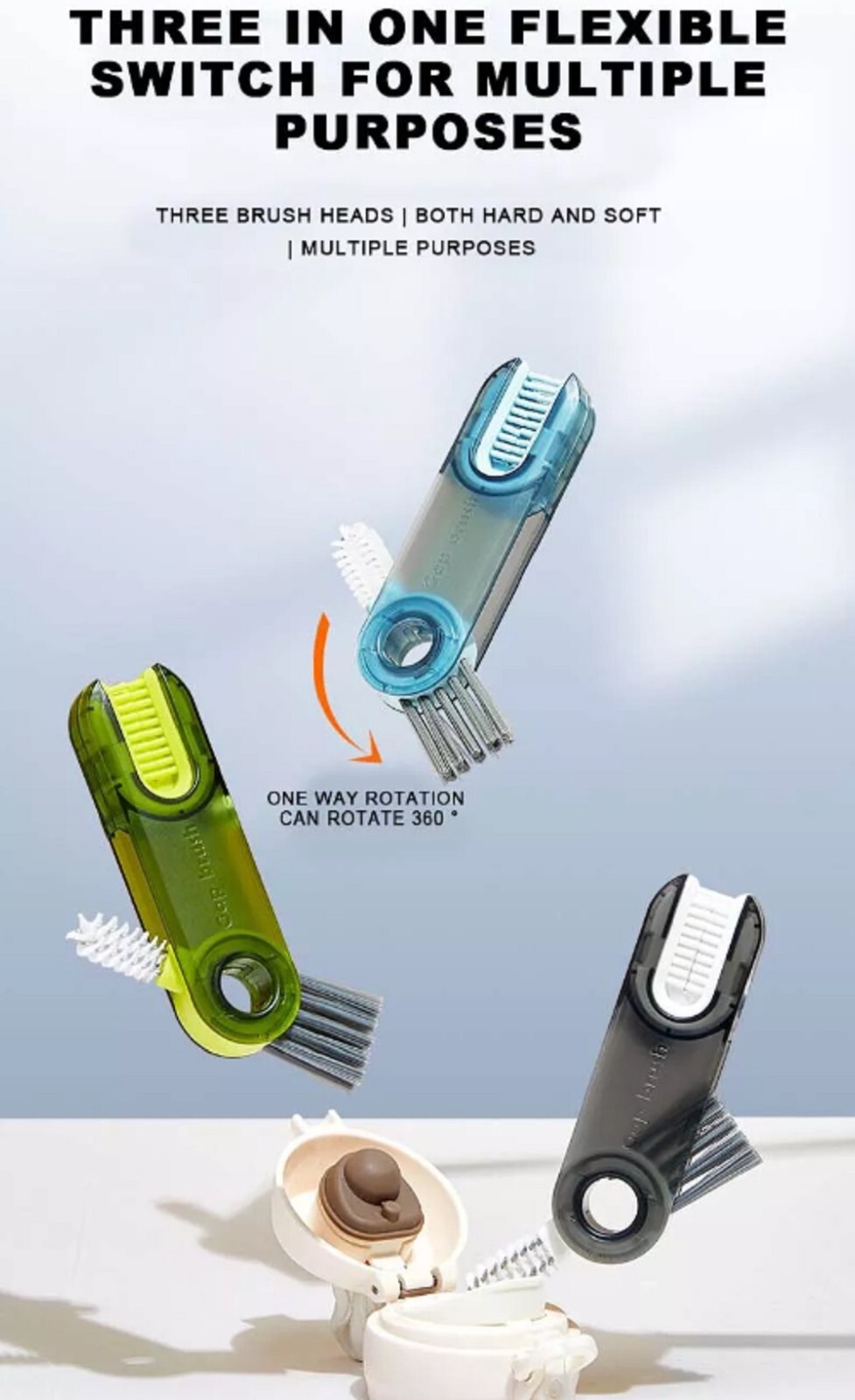 3-in-1 Cleaning Brush Set for Bottle, Cup, Lids & Straws – Multi-Use Cleaner Kit