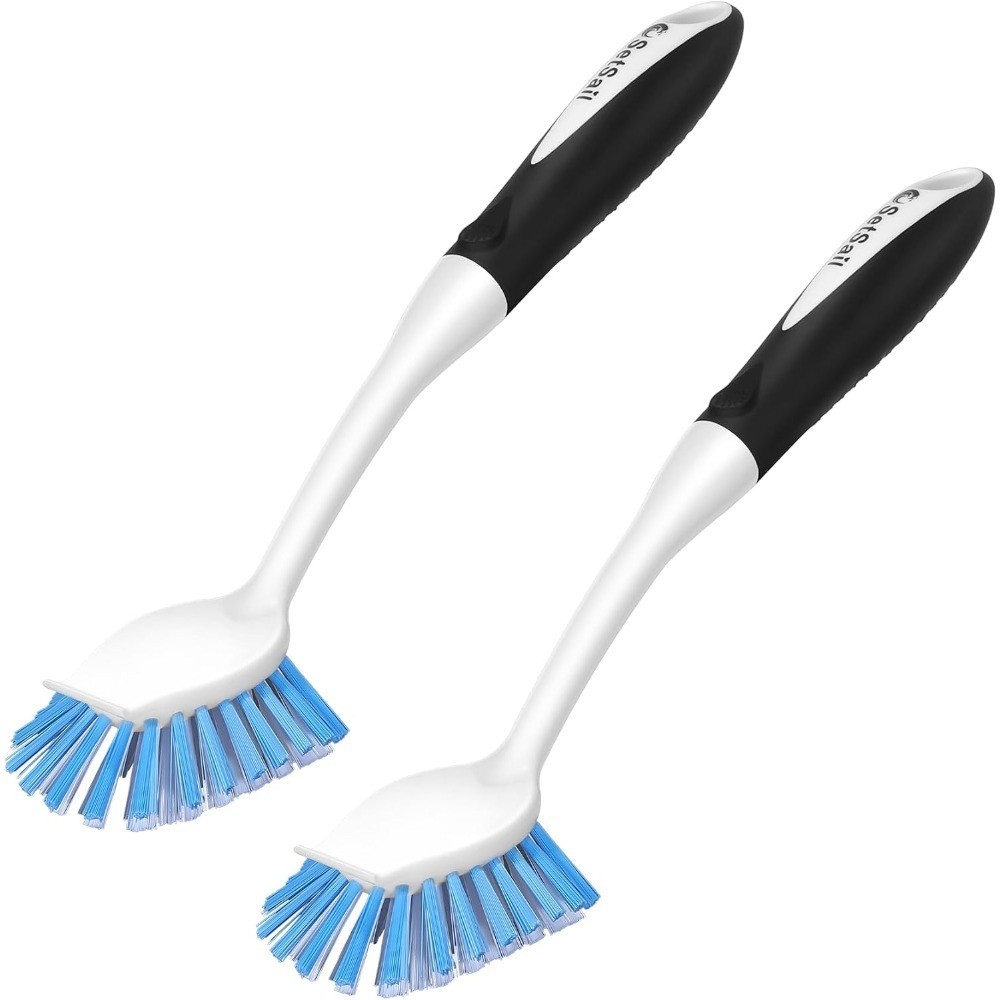 Dish Brush with Handle, 2 Pack Stiff Bristles Dish Scrubber with Built-in