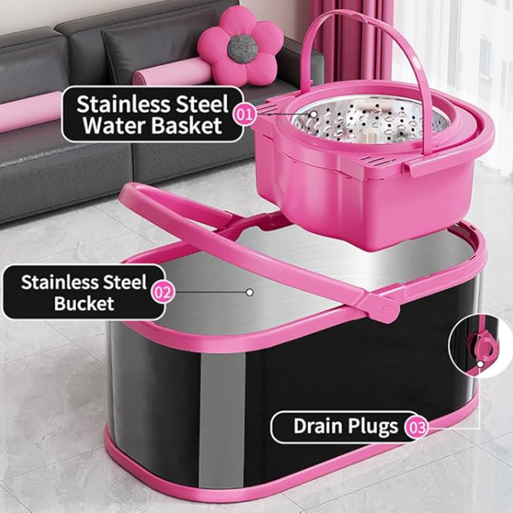 360 Spin Mop Bucket Set Stainless Steel Wringer 2/4/6 Heads Refill