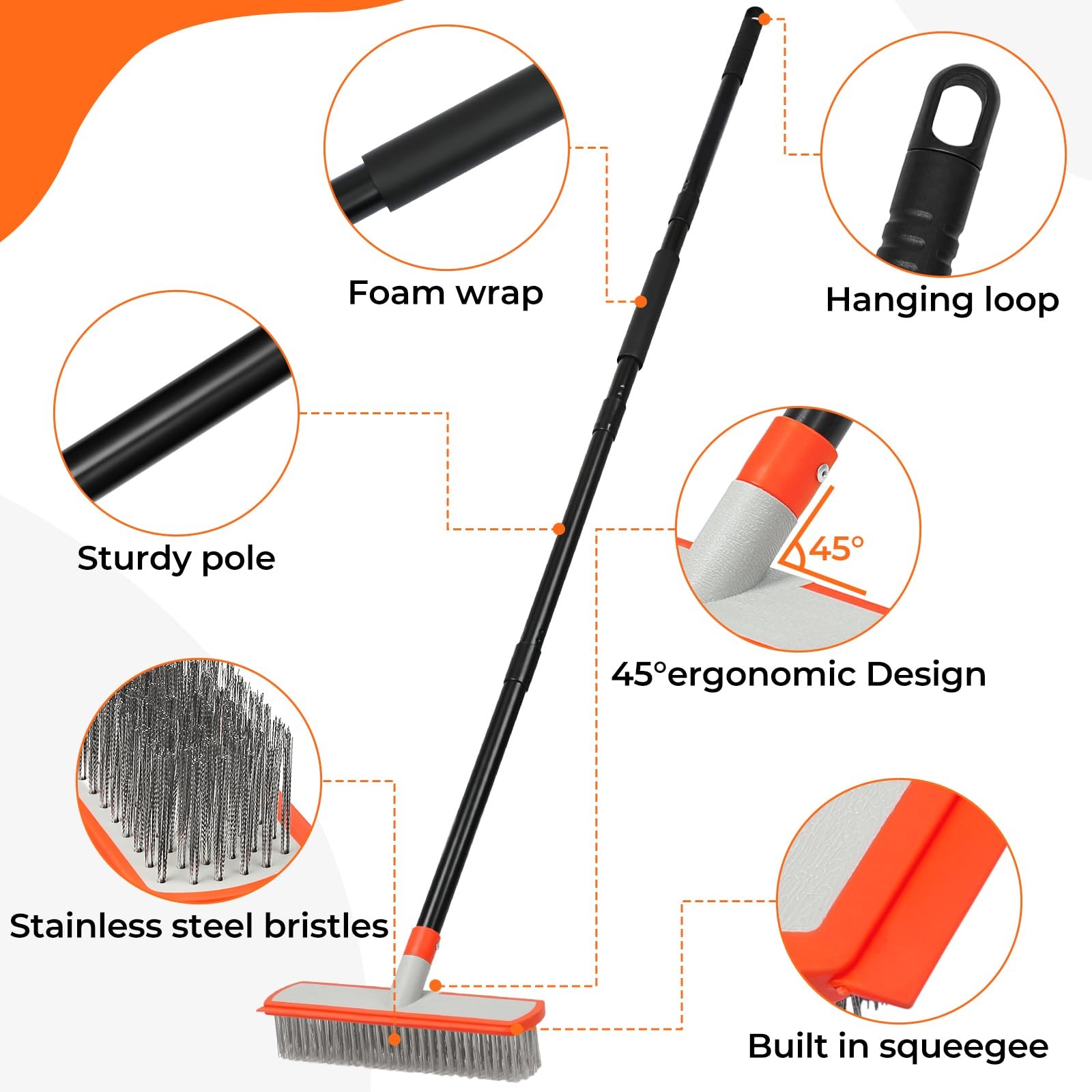 MAVRIZ Stainless Steel Concrete Brush with Long Handle – Heavy Duty Deck Brus.