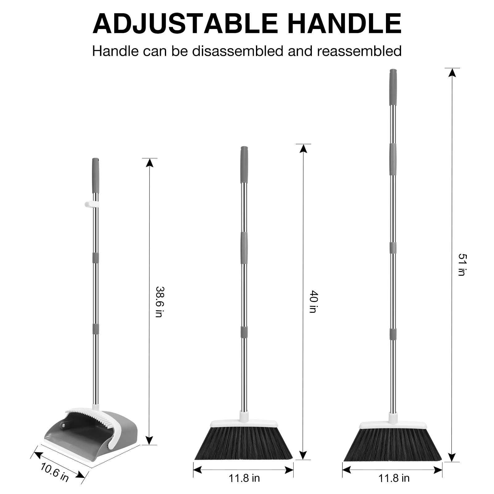 NACENA Broom and Dustpan Set, 52-in Long Adjustable Handle 2 Pack, Grey White