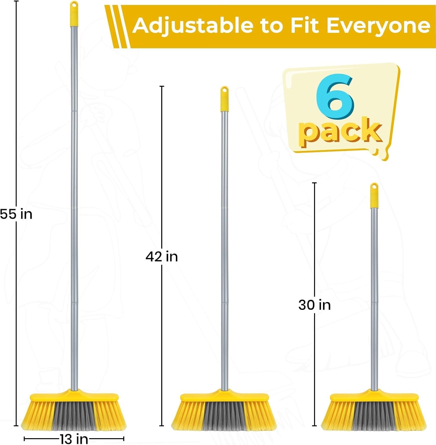 Heavy Duty Soft Bristle Brooms 6-Pack, 55″ Long for Effortless Floor Cleaning