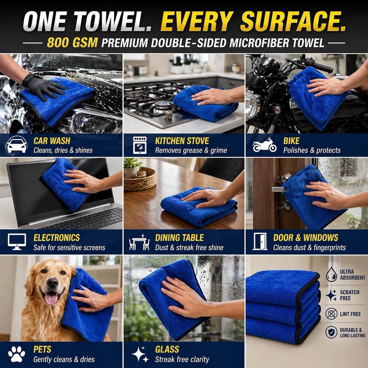 NEW 800 GSM Premium Double-Sided Microfiber Car Cleaning Towel, 3-pack, 20 x 30”