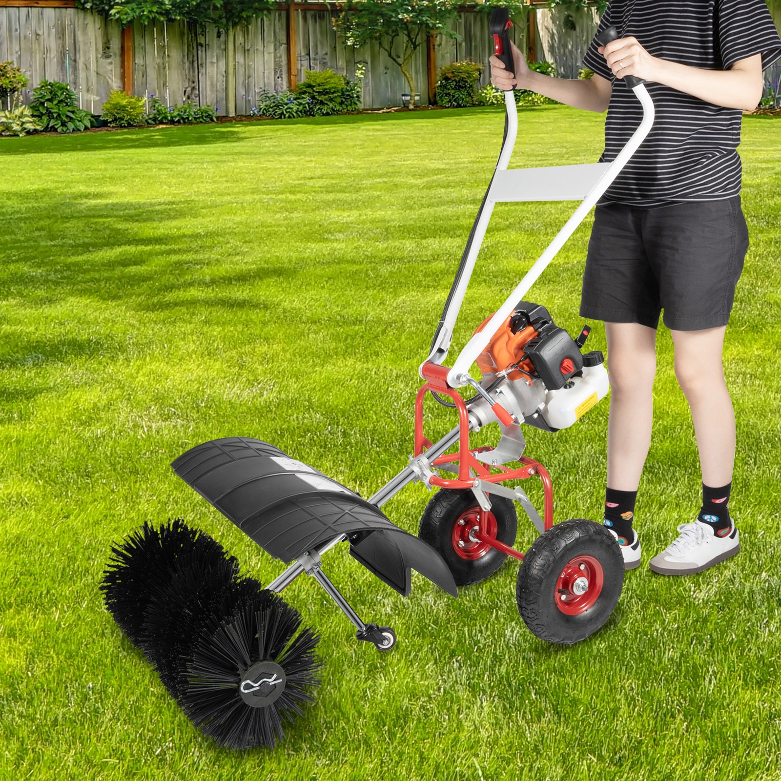 Walk Behind 52cc Power Broom Snow Driveway Sweeper Cleaner Artificial Grass USA~