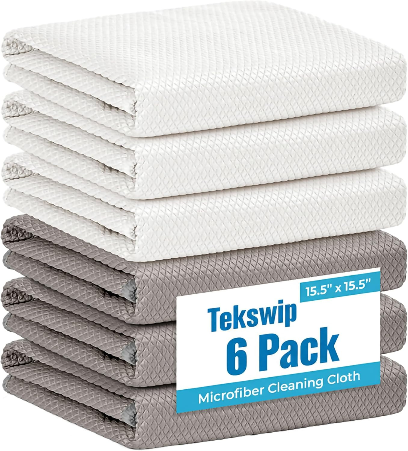 Microfiber Cleaning Cloth 6 Pack 15.5″X15.5″ Inches White and Grey | Glass Clean