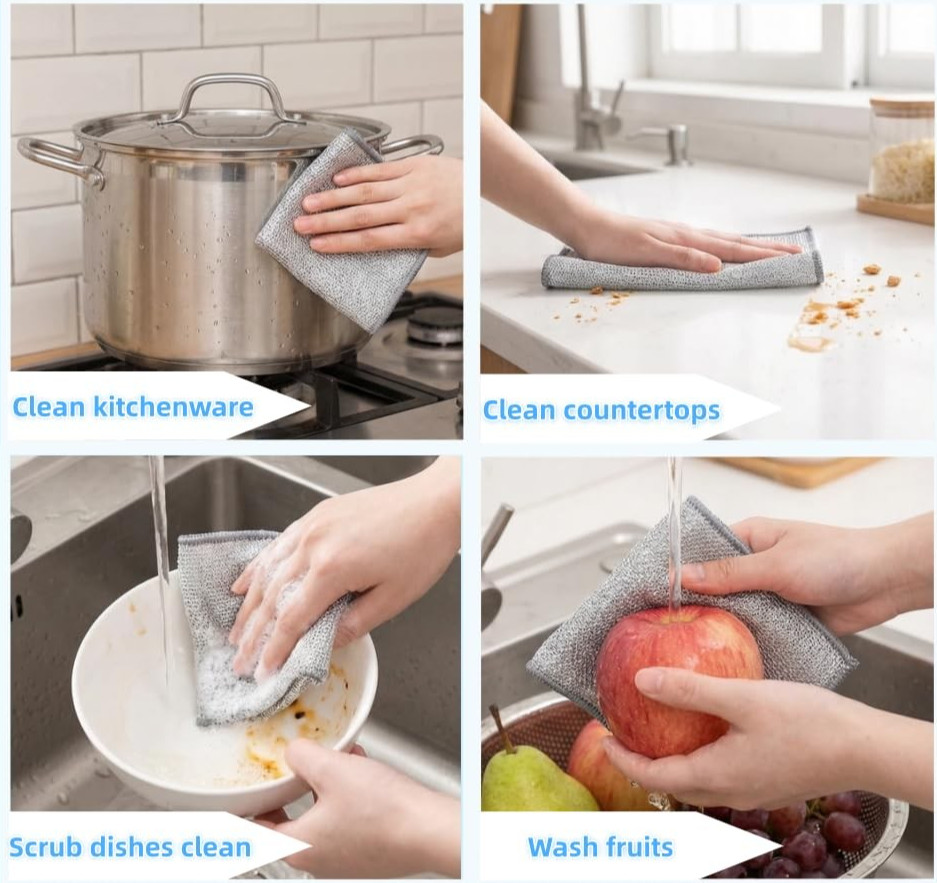 6 Pack Silver Mesh Scrubber Rag Heavy Duty Non Scratch Metal Wire Dish Cloths
