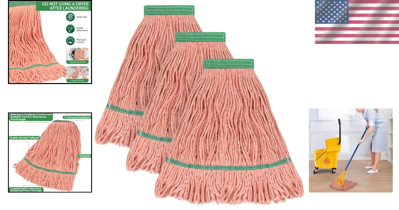 Matthew Loop-End Cotton Mop Head, Heavy-Duty 3 Count – Safe for All Hard Floors