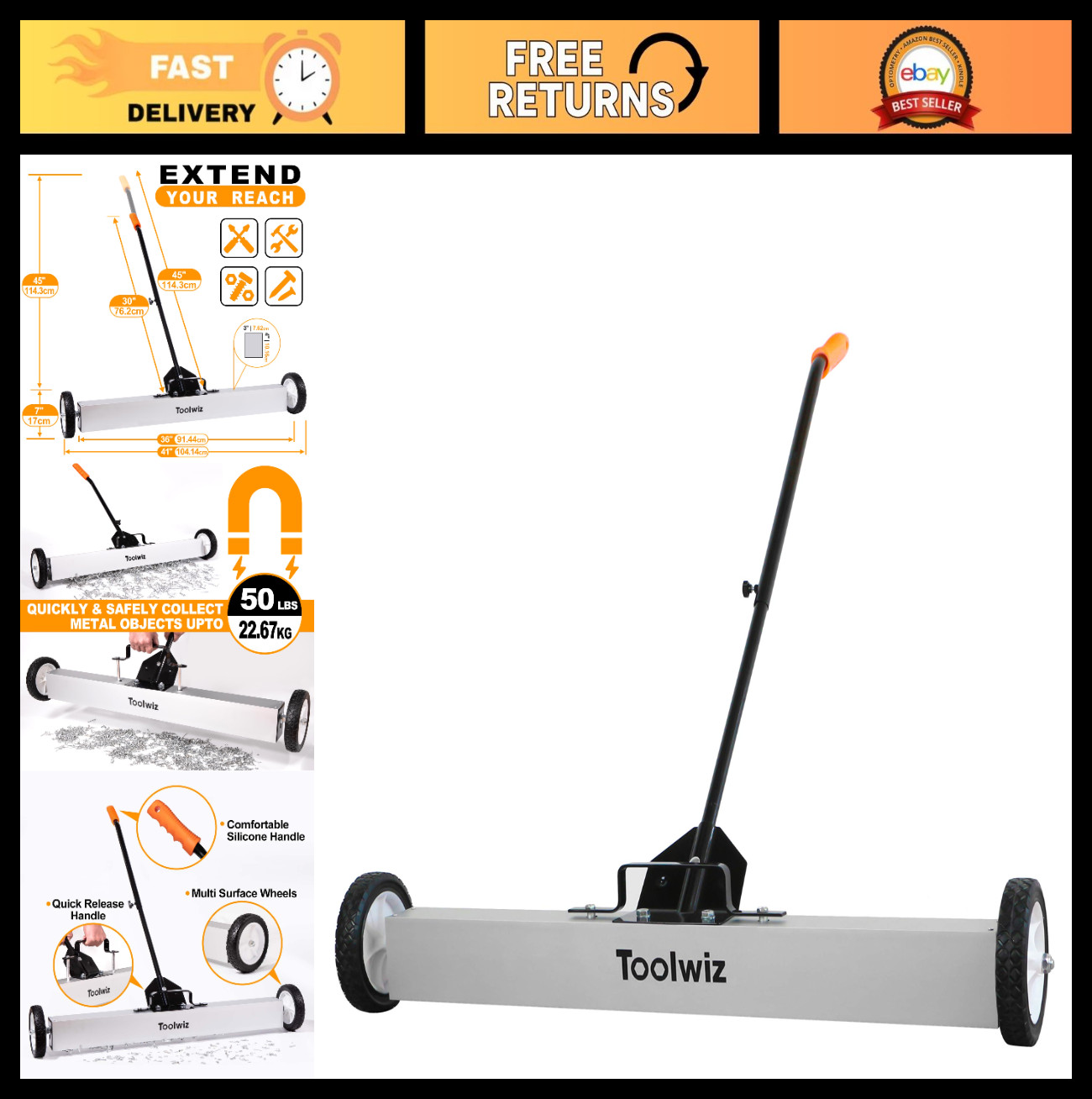 36″ Magnetic Sweeper with Wheels – 50 lbs Capacity, Heavy Duty Floor Tool, Teles
