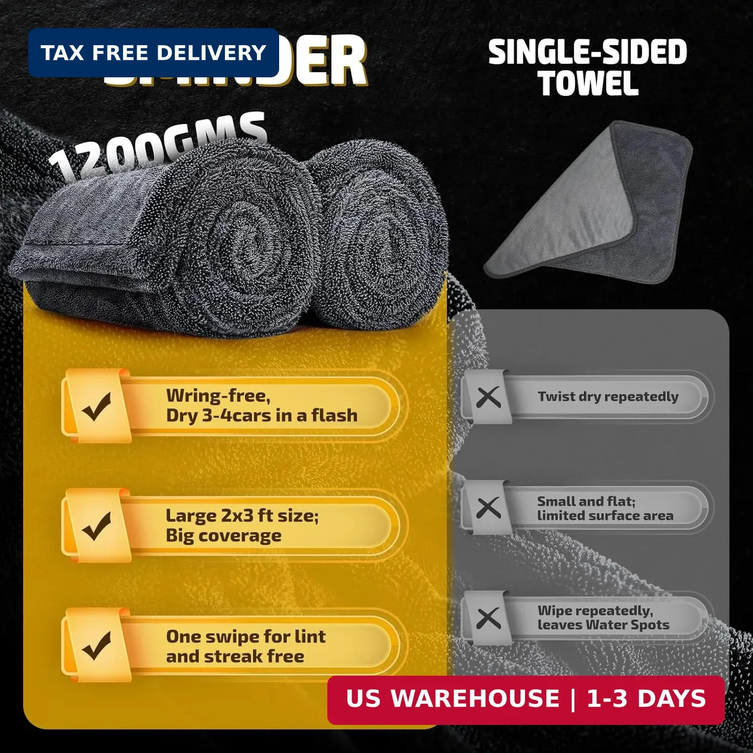 SMINDER 2-Pack 1200 GSM Car Drying Towels – Microfiber Towels for Cars (36″ x 24