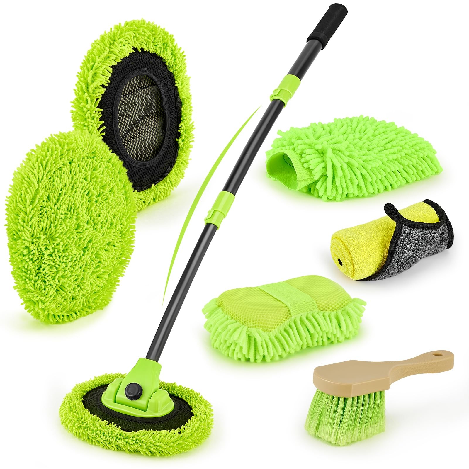 7-in-1 Car Wash Brush Kit with 15° Curved Long Handle for Cars