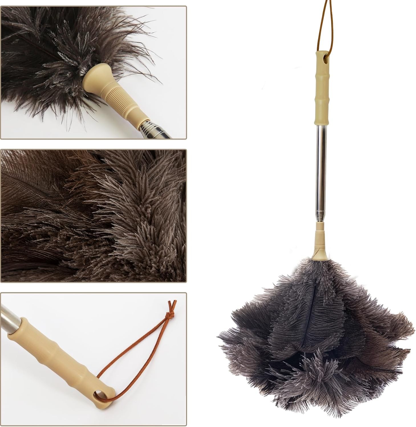 Aldwin Ostrich Feather Duster with Extension Pole Up to 43 inch, Genuine Fluffy