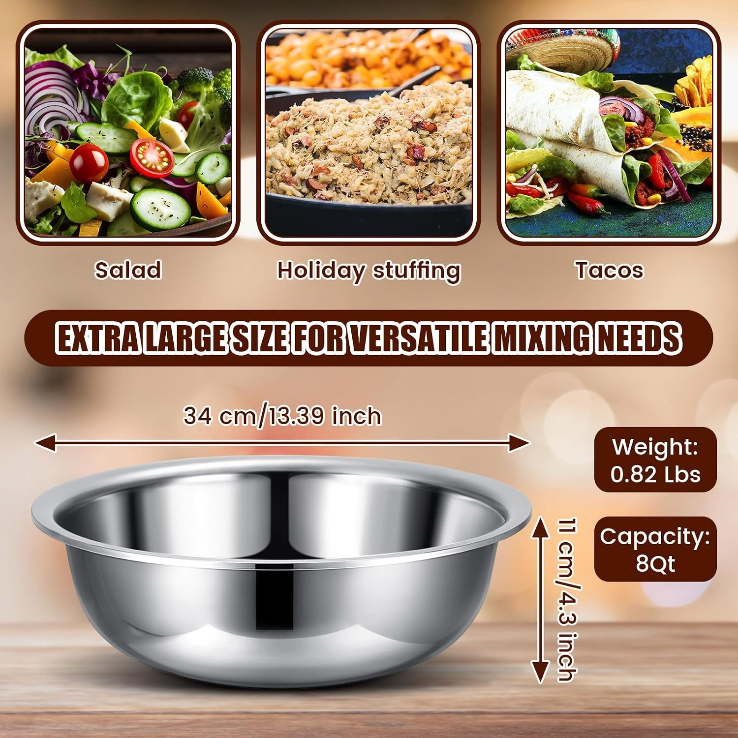 4Pcs 8Qt Stainless Steel Mixing Bowls 13In Mirror Finish Salad Basin Silver