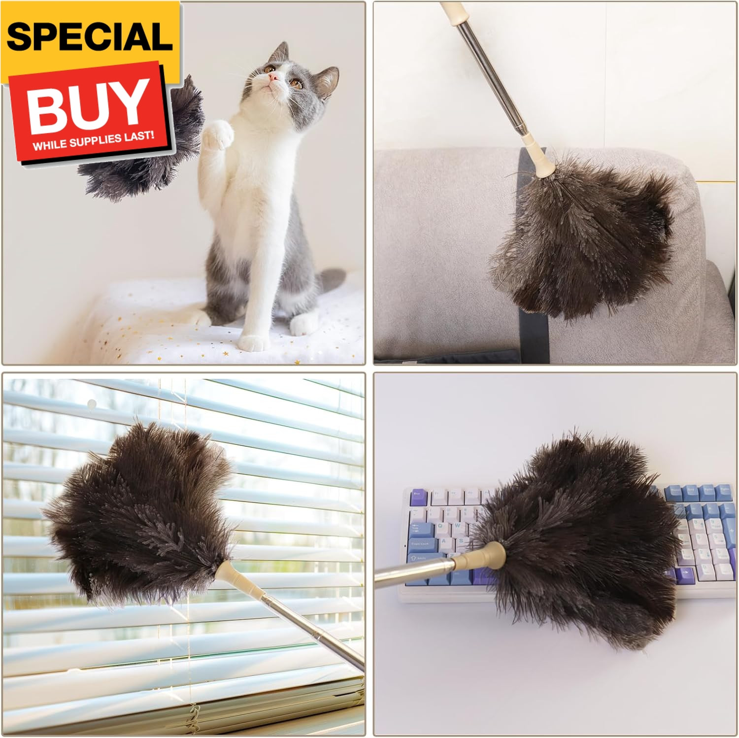 Ostrich Feather Duster with Extension Pole Up to 43 inch, Genuine Fluffy Natural