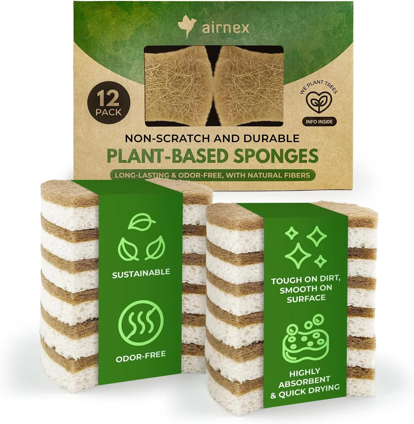AIRNEX Natural Kitchen Sponges (12 Pack) – Biodegradable Cellulose & Coconut Scr