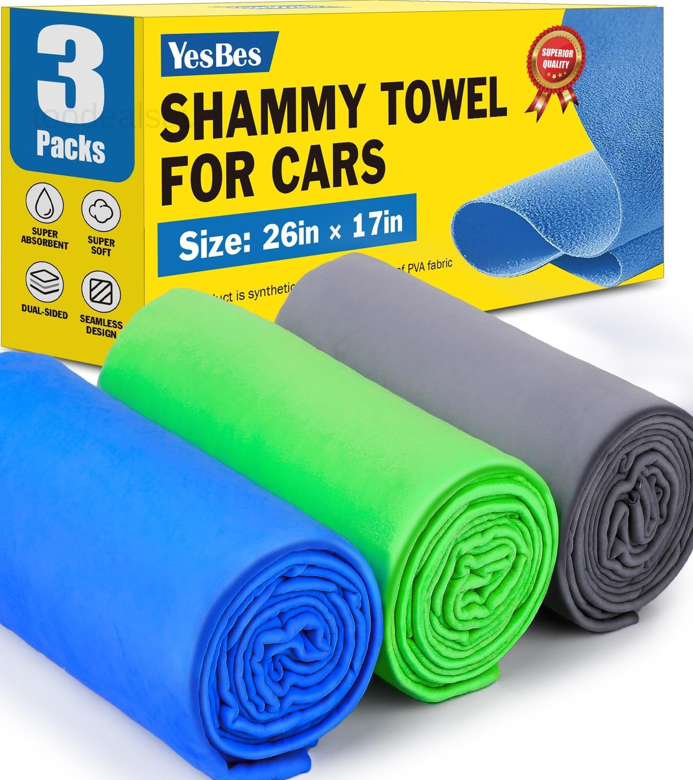 3 Pack Premium Chamois Towel for Car, 26”x17” 26 inches x 17 inches, A-3p