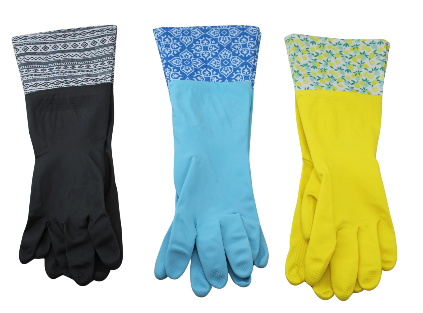 3 pair Decorative Rubber Dish Washing Gloves with Cuff Size medium Fits Most
