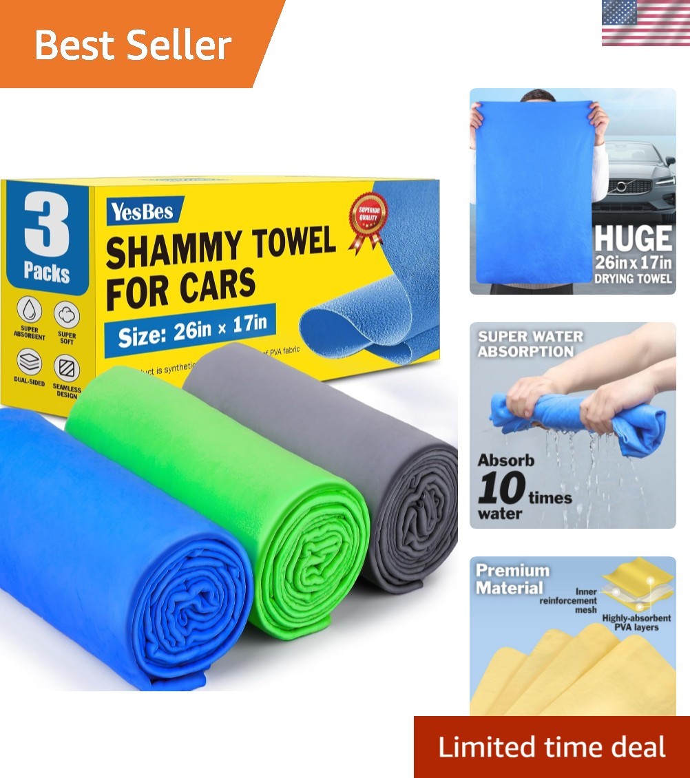 3 Pack Chamois Towel for Car, 26”x17” Shammy Cloth for Car Drying, Super Abs…