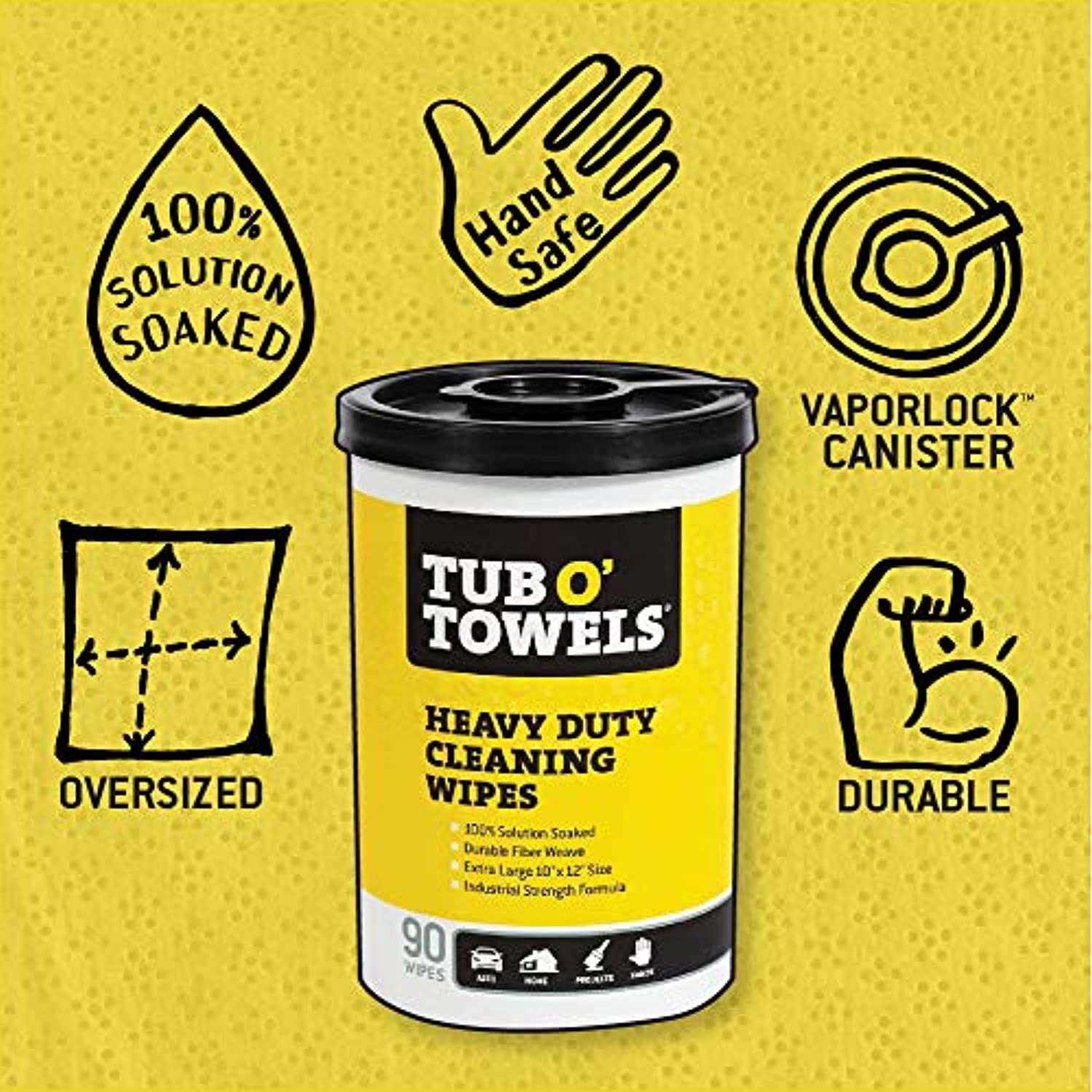 Tub O Towels TW90 Heavy-Duty 10″ x 12″ Size Multi-Surface Cleaning Wipes, 90
