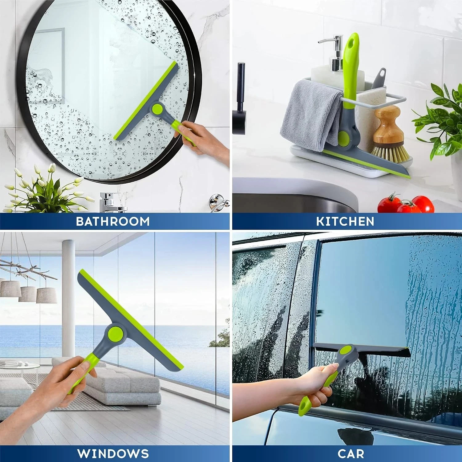 10″ Heavy Duty Green, Grey Window Cleaning Squeegee, Handheld Squeegee for Glass