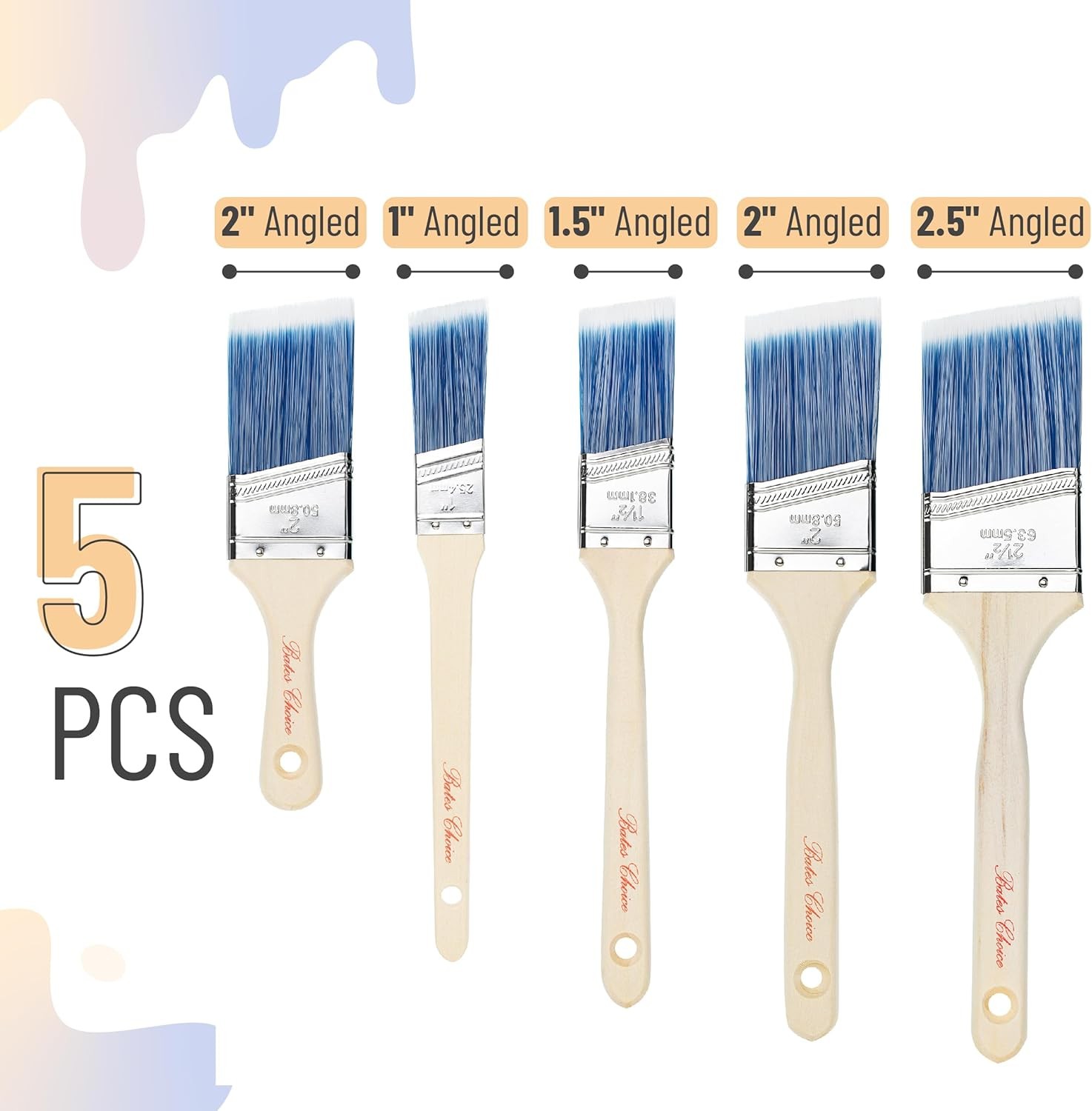 Bates Paint Brush Set – 5 Angled Brushes, 1″, “1.5”, “2”, “2.5” – Treated Wood