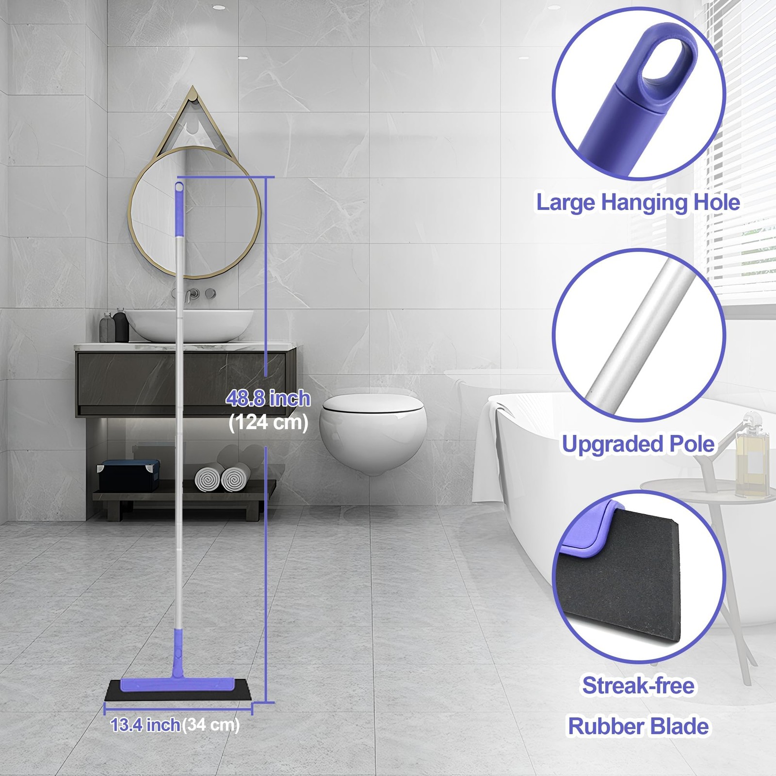 TRENNCHI Floor Squeegee with 180° Rotating Head, EVA Foam Blade Purple