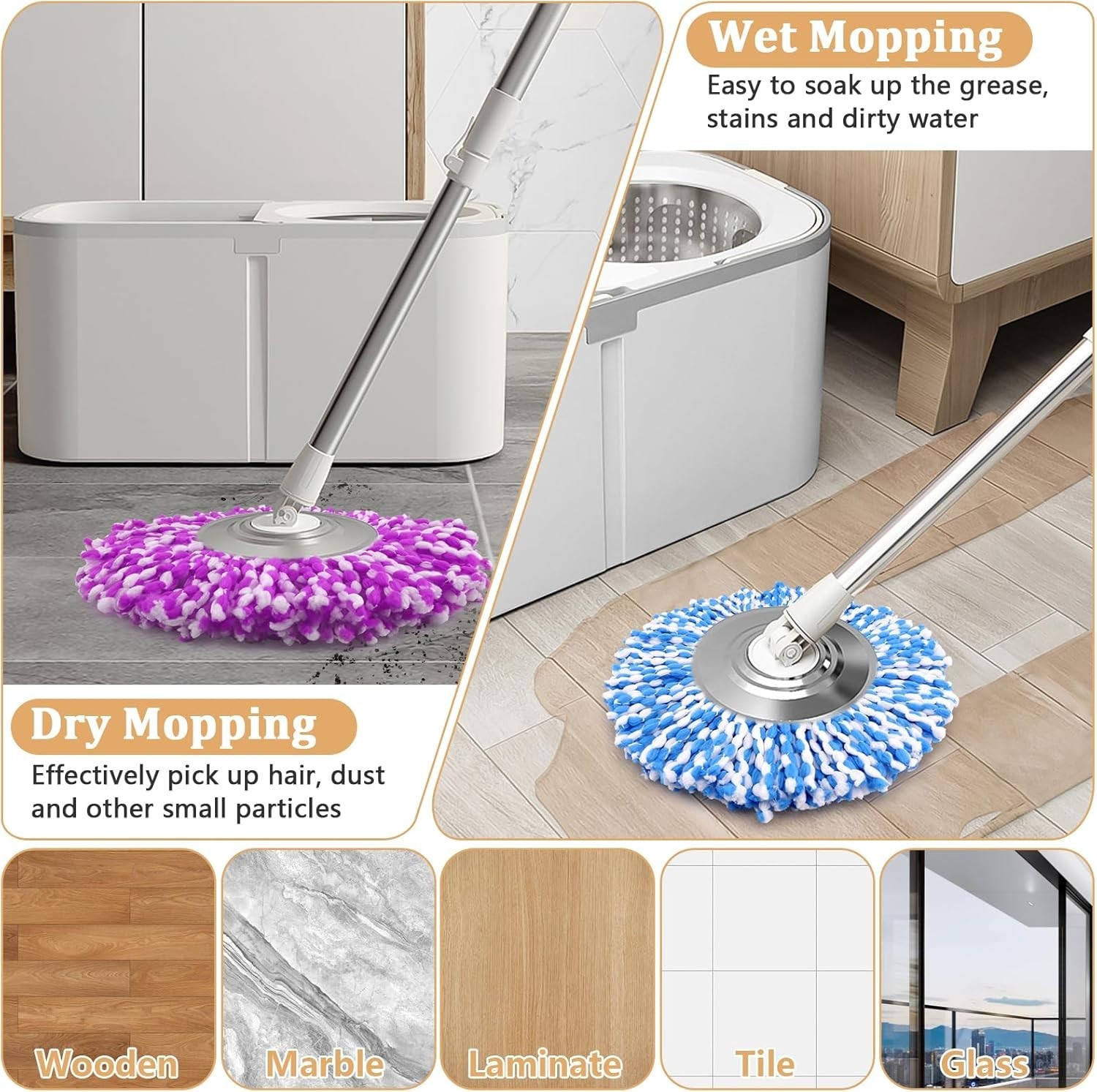 5 Pack Spin Mop Replacement Head for 360° Spin Mop System, Round Shape Standa…