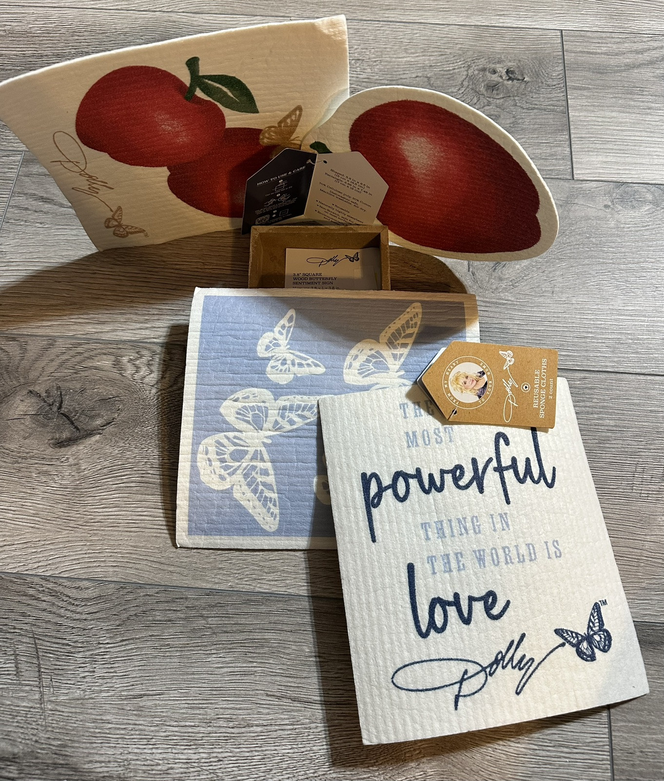 Dolly Parton Wash/Reuse Cotton Blend Butterfly & Apple Cloths & Wood Decor Sign