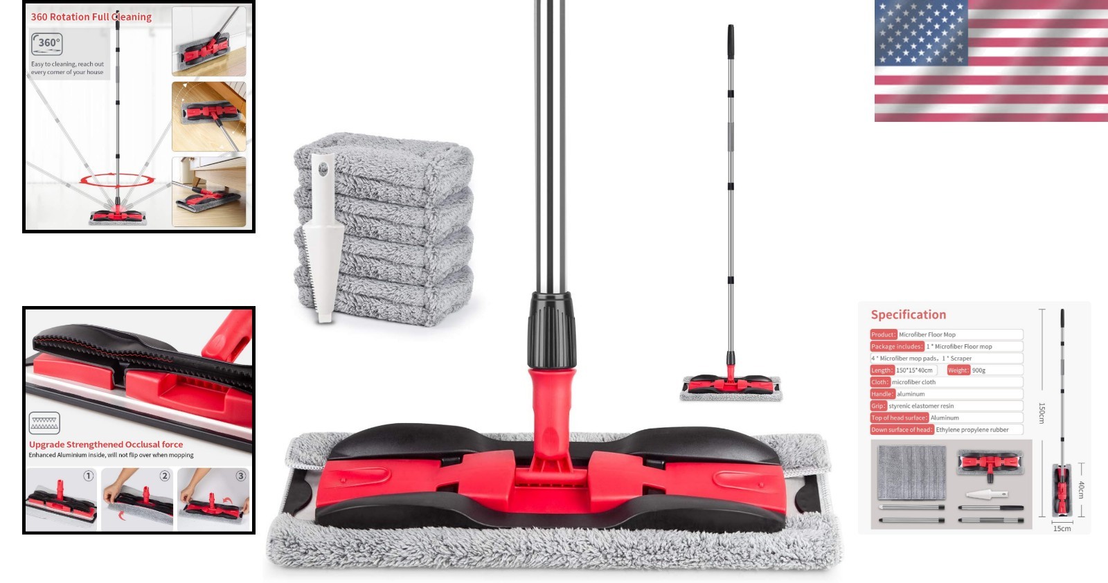 Microfiber Floor Mop with 4 Washable Pads Extendable Handle for Hardwood Tile…