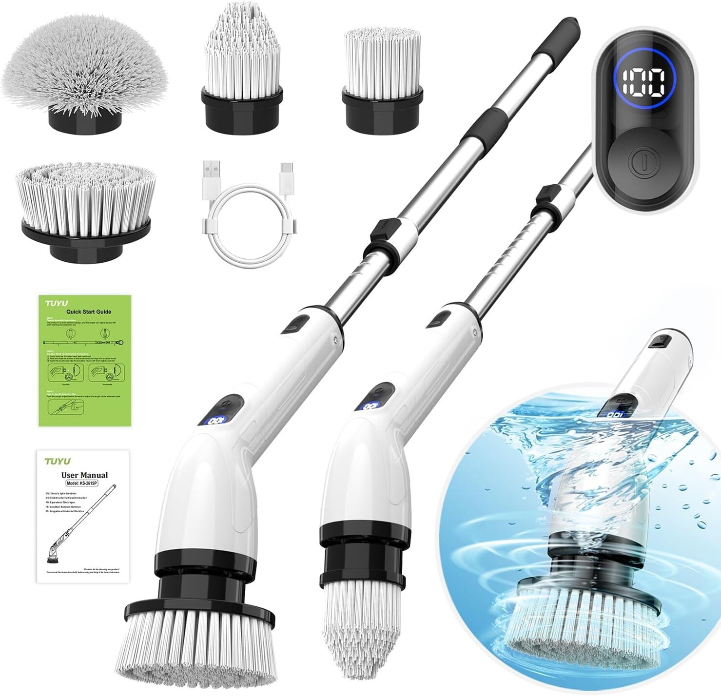 Multi-Surface Electric Scrubber Brush with LCD & 4 Brush Heads for Home Cleaning